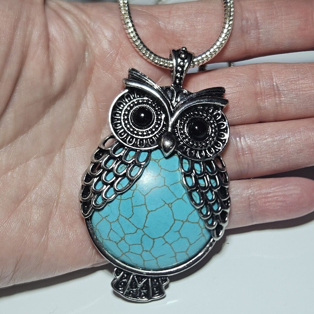 Silver Tone Large Blue Turquoise Owl Pendant Necklace 30" Chain - Picture 2 of 14